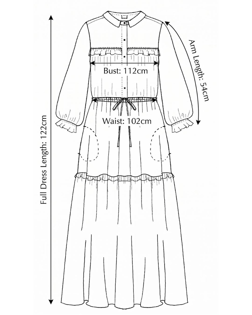 Line drawing of a dress with measurement labels on a white background